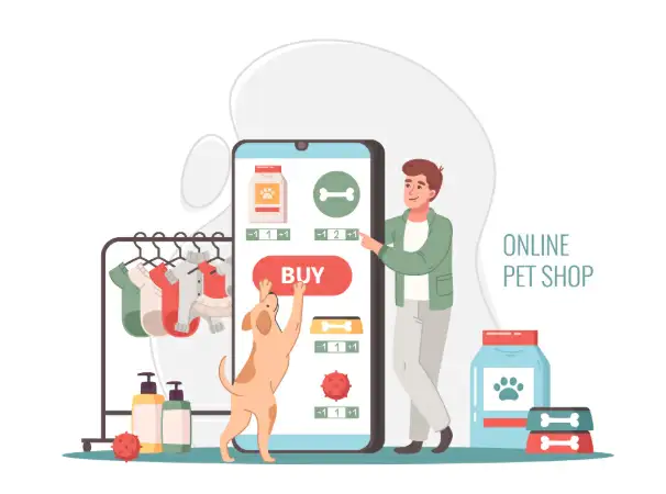 ilustração de um homem e um cachorro comprando em um celular