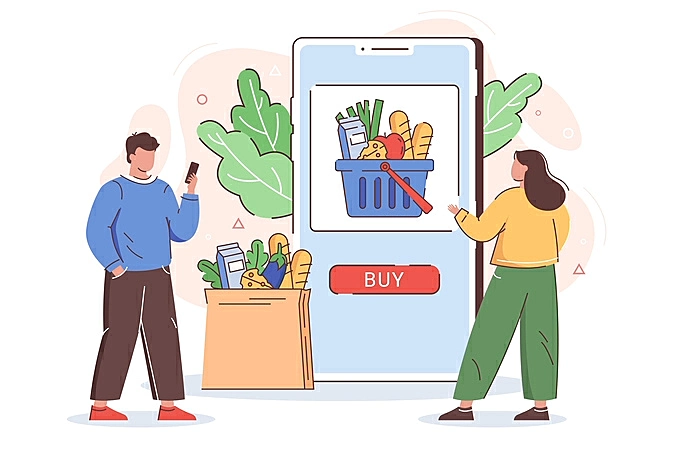 ilustração de duas pessoas comprando comida pelo celular