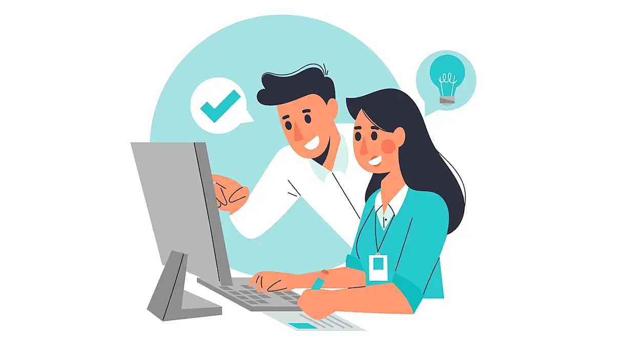 Ilustración de personas buscando ideas de nombres de empresas frente a un ordenador