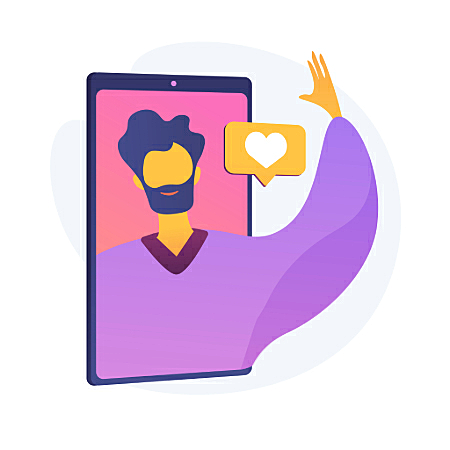 Ilustração de uma pessoa acenando dentro de um celular e um ícone de coração