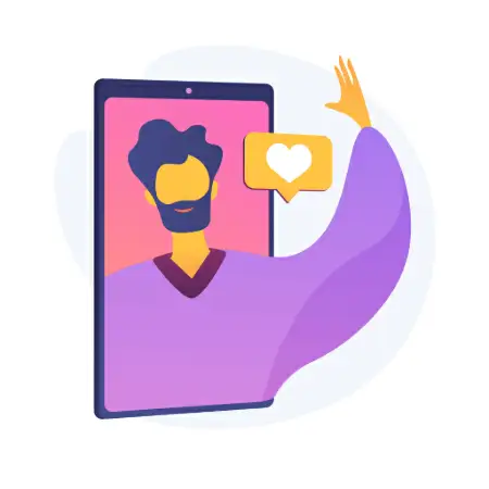 Ilustração de uma pessoa acenando dentro de um celular e um ícone de coração