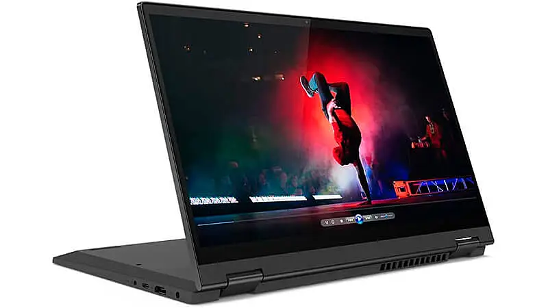 imagem de um notebook Lenovo Flex 5i na cor grafite dobrado ao meio