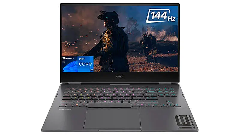 imagem de um notebook HP Omen na cor preta e com teclado iluminado em RGB