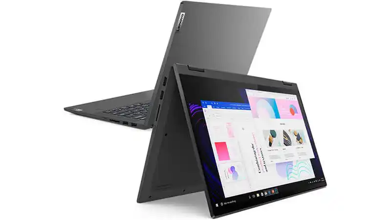 Notebook Lenovo IdeaPad Flex 5i imagem de um notebook Lenovo IdeaPad Flex 5i na cor cinza de costas e dobrado ao meio