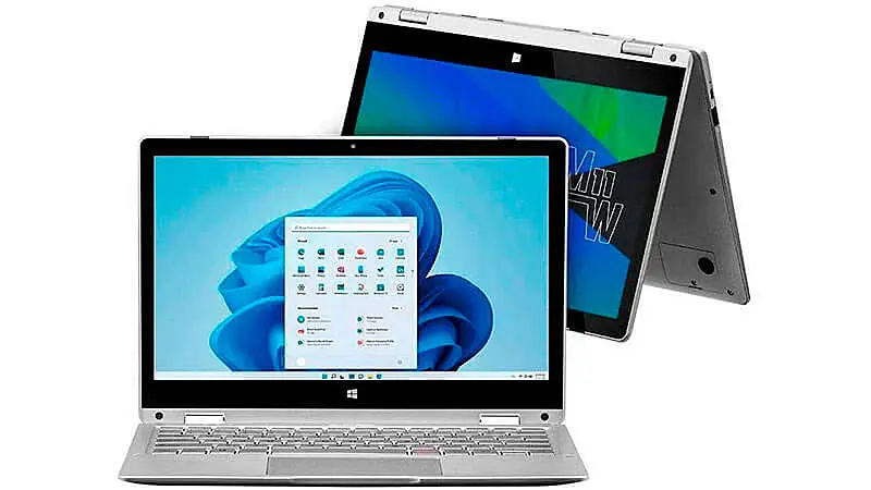 imagem que mostra um notebook Multilaser Prime na cor prata aberto e dobrado ao meio