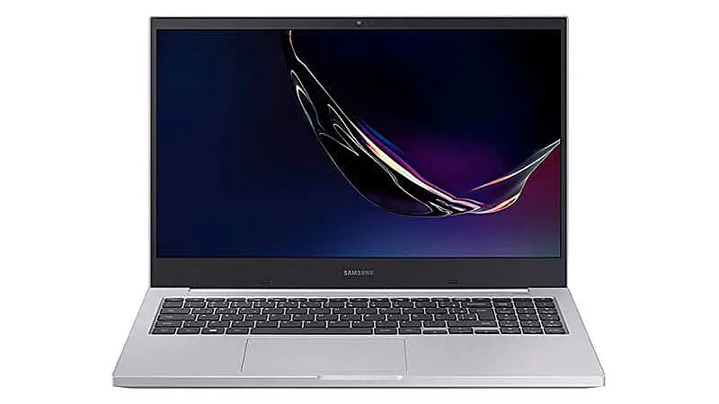 imagem de um notebook Samsung Essentials E30 aberto e com estrutura na cor branca