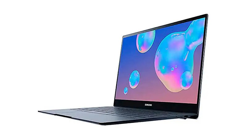 imagem de um notebook Samsung Galaxy Book S aberto na cor azul