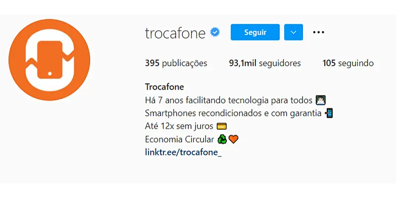 Exemplo de o que colocar na bio do Instagram de loja de smartphones - Trocafone