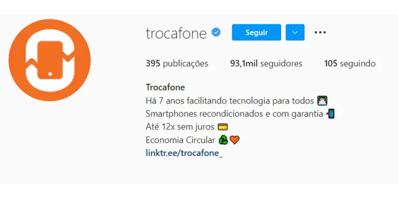 Exemplo de o que colocar na bio do Instagram de loja de smartphones - Trocafone