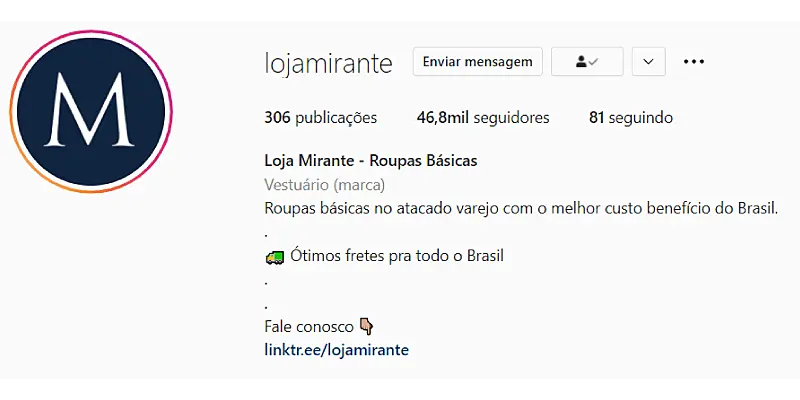 Exemplo de o que colocar na bio do instagram de loja de roupas - Loja Mirante