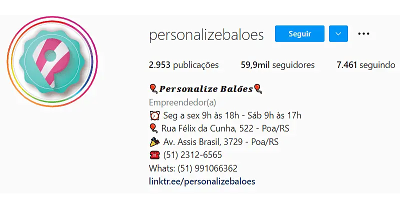 Exemplo de o que colocar na bio do Instagram de loja de balões - Personalize Balões