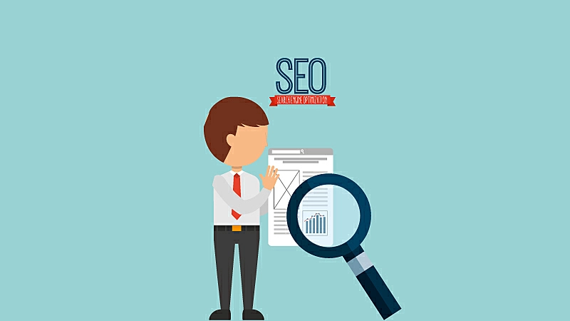 Gráfico com um rapaz e uma lupa abaixo do texto "SEO"