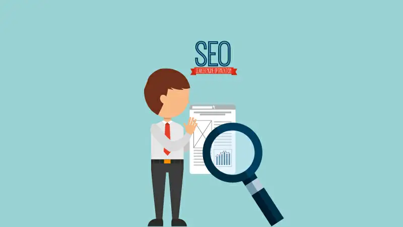Gráfico com um rapaz e uma lupa abaixo do texto "SEO"