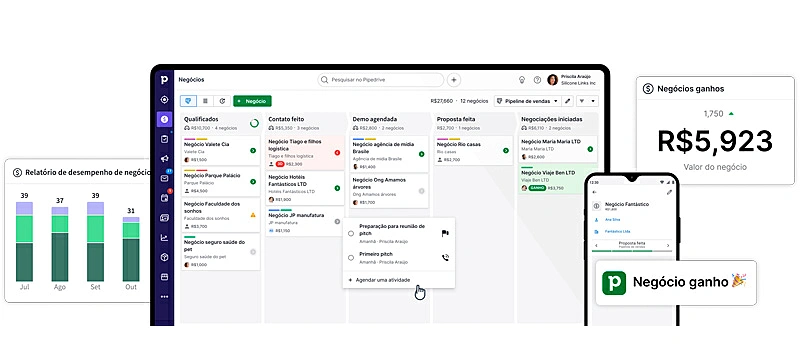 banner do site do pipedrive mostrando as interfaces do seu crm em um notebook e smartphone