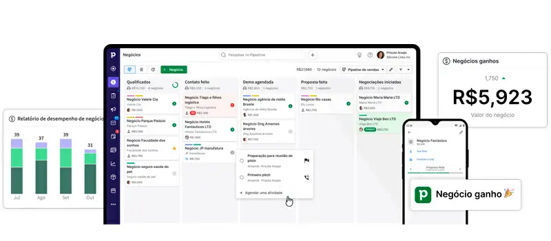 banner do site do pipedrive mostrando as interfaces do seu crm em um notebook e smartphone