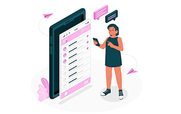 Ilustração de duas pessoas ao lado de um celular enviando mensagens