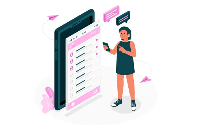 O que é DM no Instagram? Ilustração de duas pessoas ao lado de um celular enviando mensagens