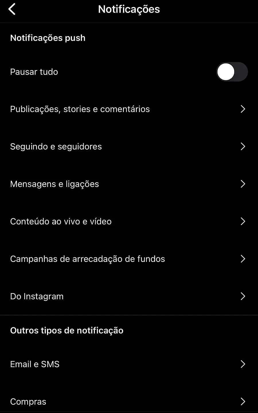 Menu de notificações do Instagram