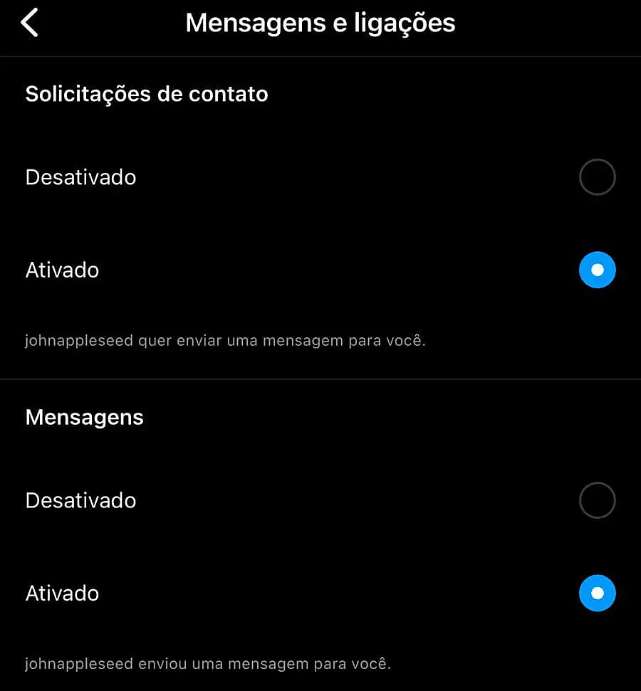 Print das configurações do Instagram