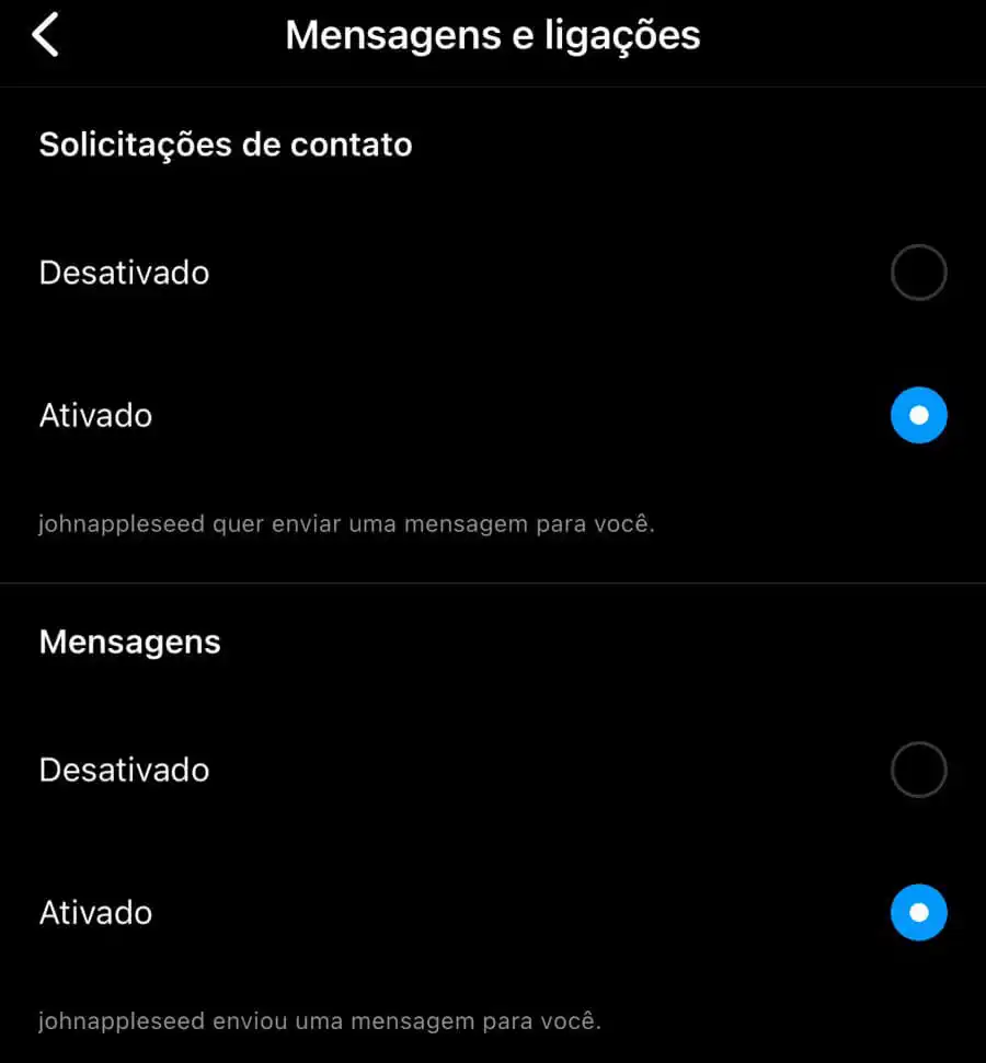 Print das configurações do Instagram