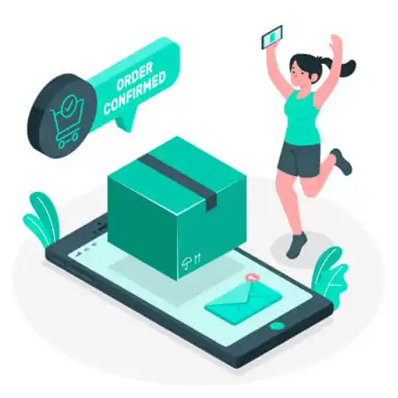 o que é entrega padrão shopee Imagem de uma mulher pulando segurando um celular e uma tela no chão com um pedido confirmado