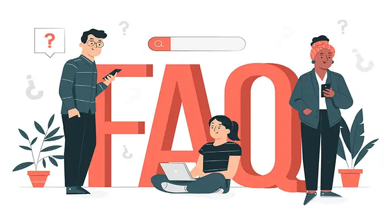 o que é FAQ Ilustração escrito FAQ e várias pessoas