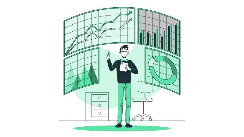 Imagem vetorizada de um homem analisando dados de KPI