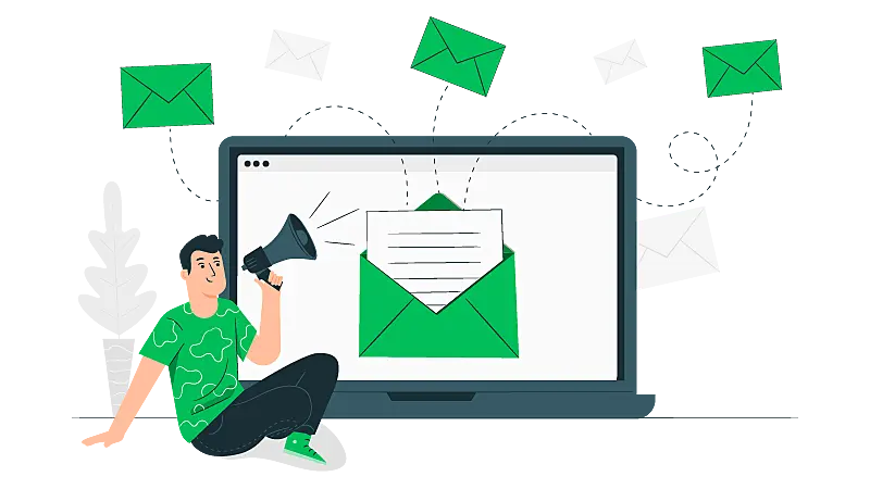 Imagem vetorizada de uma pessoa realizando campanha de email marketing para nutrir lead