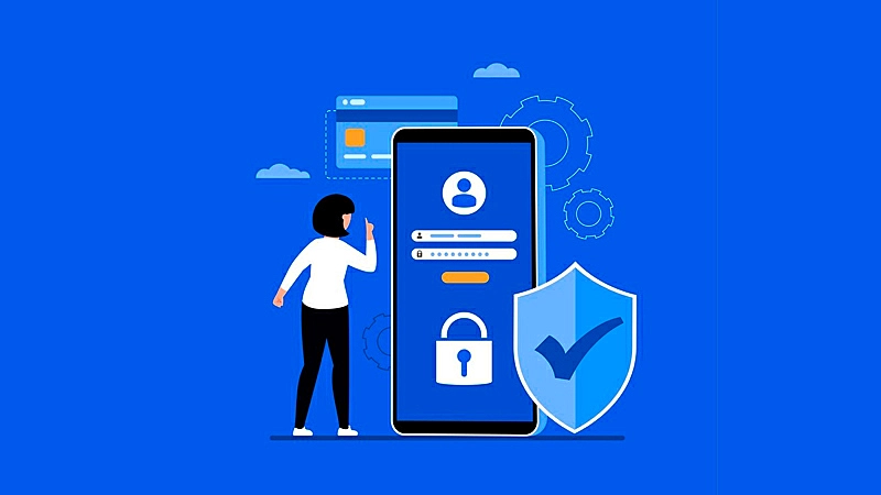 Mulher usando computador com elementos de tecnologia