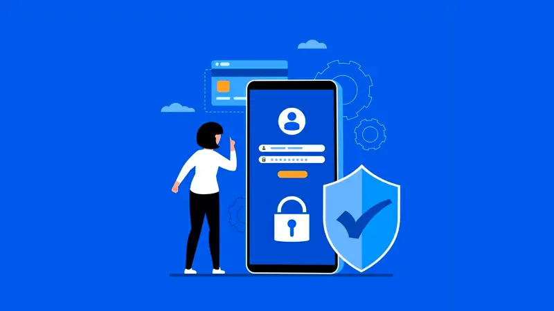 Mulher usando computador com elementos de tecnologia