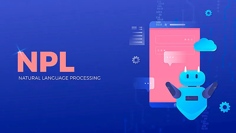 Texto "NLP" rodeado por elementos visuais relacionados à comunicação