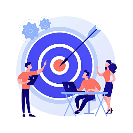 ilustração de três pessoas olhando para um alvo com uma flecha ao centro