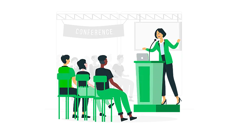 Imagem vetorizada de uma palestrante e sua audiência em uma conferência