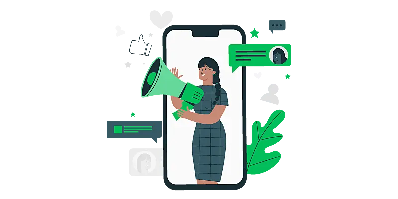 Imagem vetorizada de uma mulher com um megafone em um celular