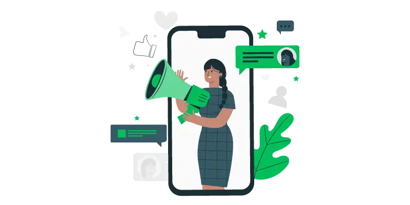 O que é pitch de vendas Imagem vetorizada de uma mulher com um megafone em um celular