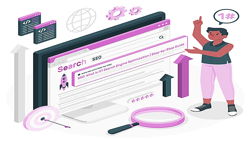 Ilustração de uma tela de pesquisa com termos de SEO e uma pessoa em pé ao lado