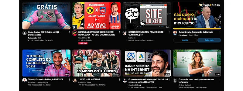 apresentação de um feed do youtube com várias thumbnails diferentes