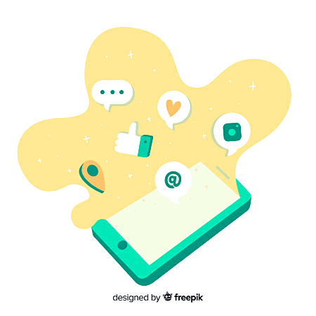 Ilustração de um celular e vários ícones de internet