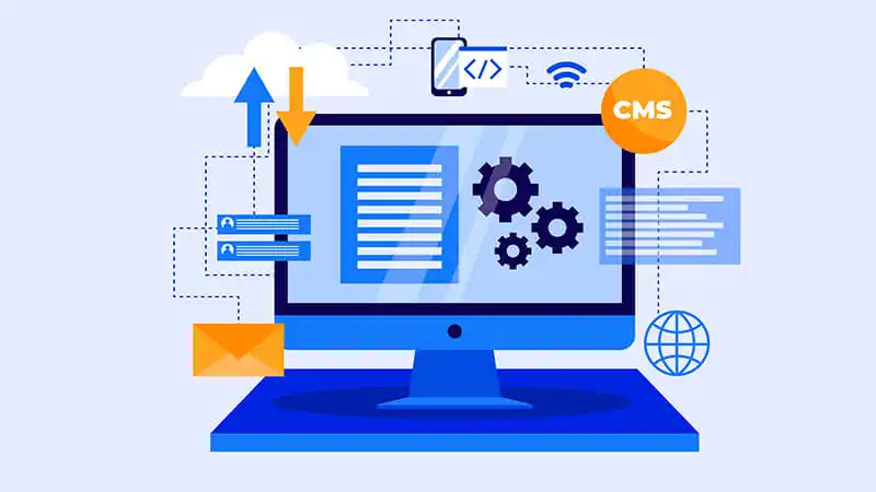 computador com vários ícones de tecnologia em sua volta