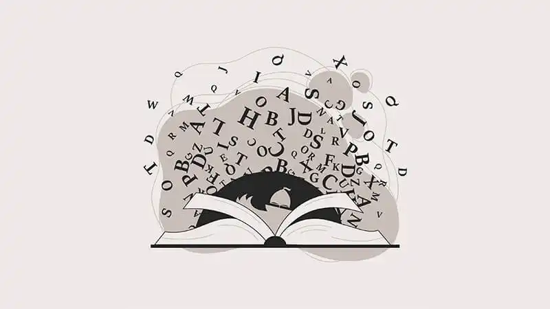 livro aberto com várias letras saindo de dentro dele