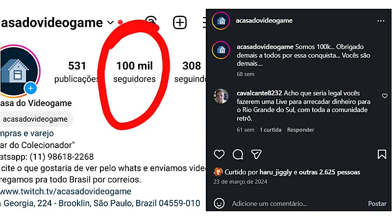 Imagem do perfil de Instagram da a casa do video game comemorando 100 mil seguidores e agradecendo a todos, com destaque para o número