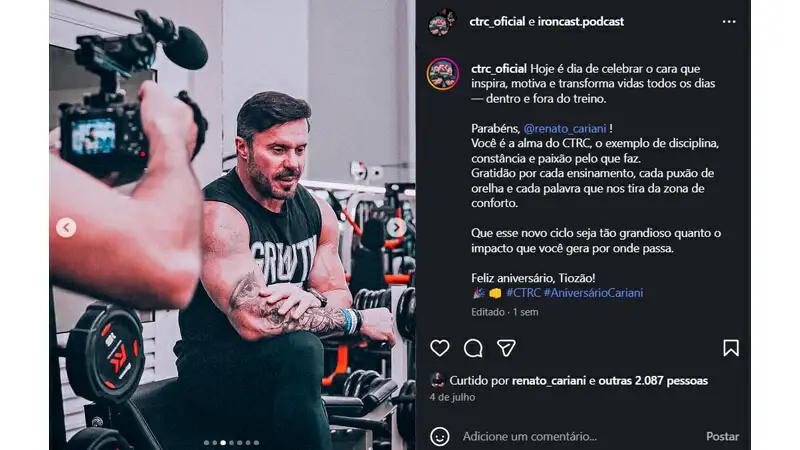 Captura de tela de um post no instagram onde o perfil está agradecendo e compartilhando os bastidores de uma gravação feita com Renato Cariani