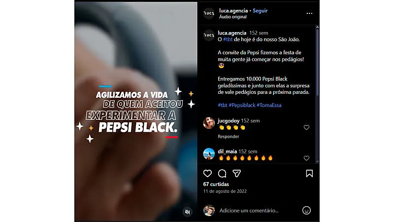 Captura de tela de uma postagem no estilo TBT onde o perfil relembra uma campanha de distribuição de Pepsi Black feita em uma festa de São João