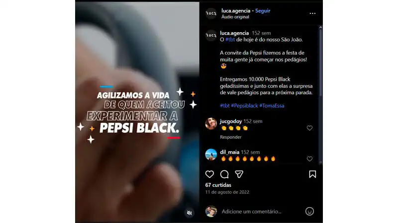 Captura de tela de uma postagem no estilo TBT onde o perfil relembra uma campanha de distribuição de Pepsi Black feita em uma festa de São João