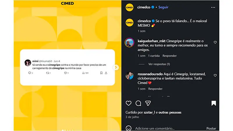 Imagem de um post do Instagram da Cimed, destacando comentários positivos sobre o Cimegtre. O post tem fundo amarelo com elementos geométricos e texto em destaque.