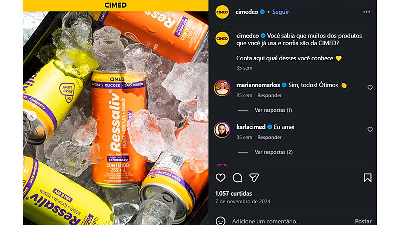 Produtos da marca Cimed, incluindo Resassist para recuperação, vitaminas e minerais, exibidos em gelo para manter a frescura.