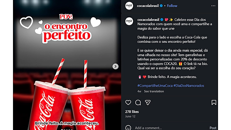 Celebração do Dia dos Namorados com Coca-Cola, bebidas personalizadas e uma atmosfera romântica