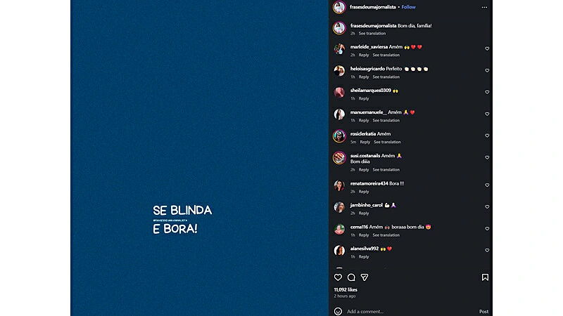 captura de tela de um post no instagram com fundo azul escuro e uma mensagem em destaque que diz "se blinda e bora!" para servir como exemplos de mensagem motivacional