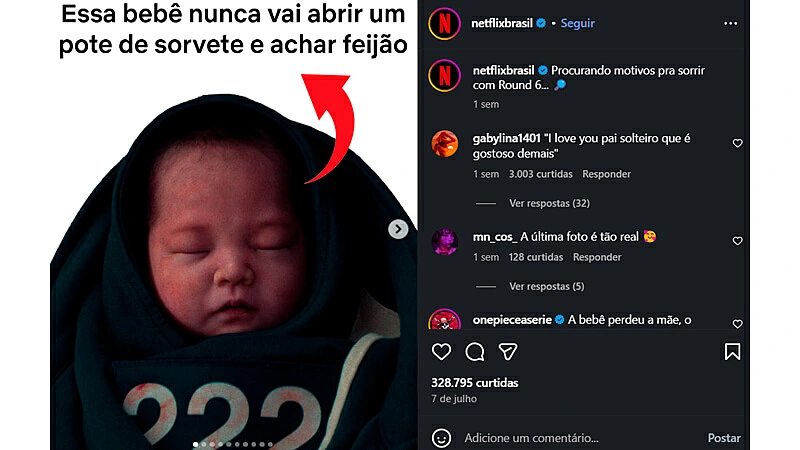 Imagem de um bebê dormindo com uma expressão tranquila, usando um hoodie escuro, com uma seta vermelha apontando para ele e texto humorístico sobre abrir pote de sorvete ou encontrar feijão.