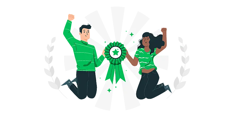 Imagem vetorizada de duas pessoas segurando um selo comemorando que alcançaram metas